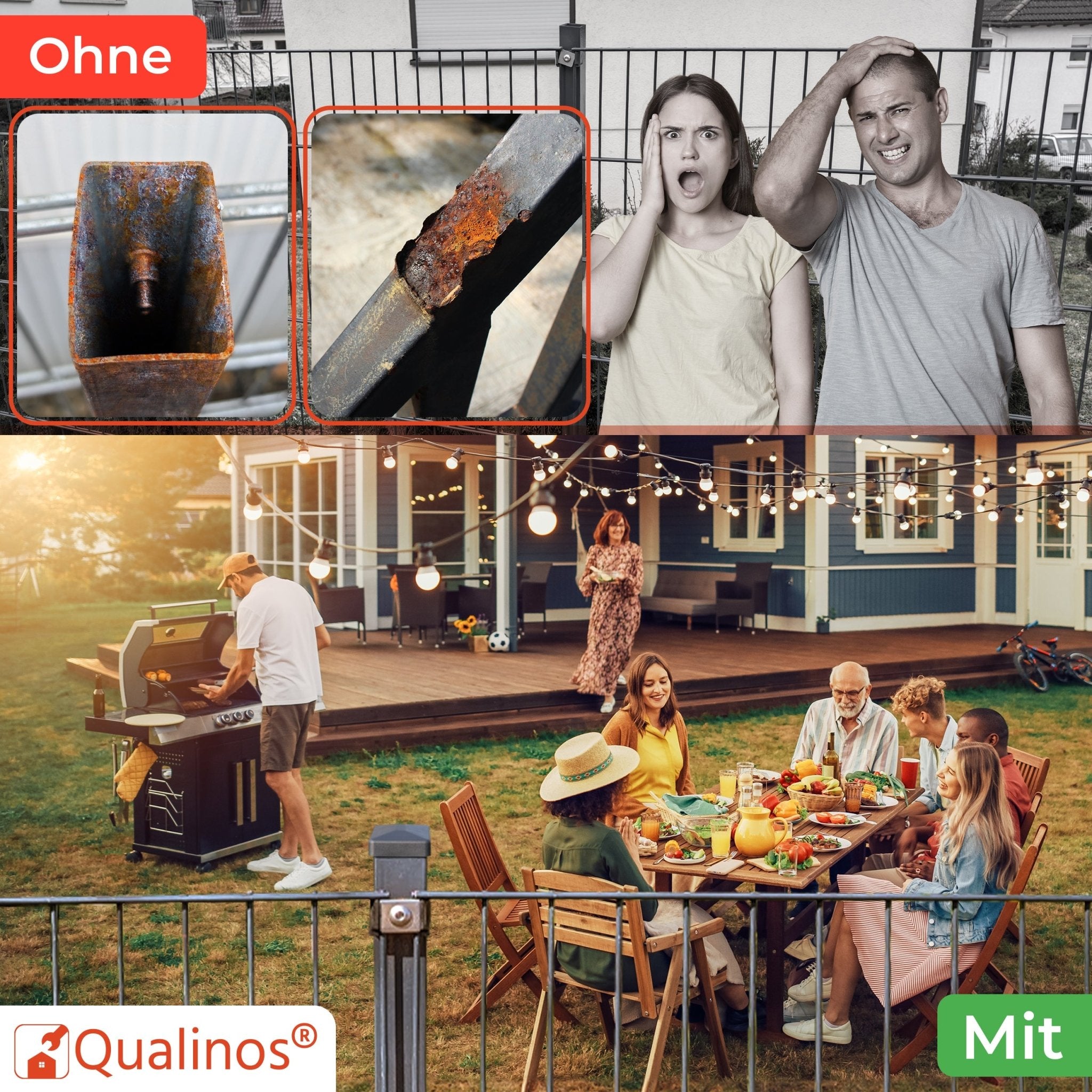 Doppelstabmattenzaun Pfostenkappen 60x40 mm mit flachem Walmdach - Qualinos
