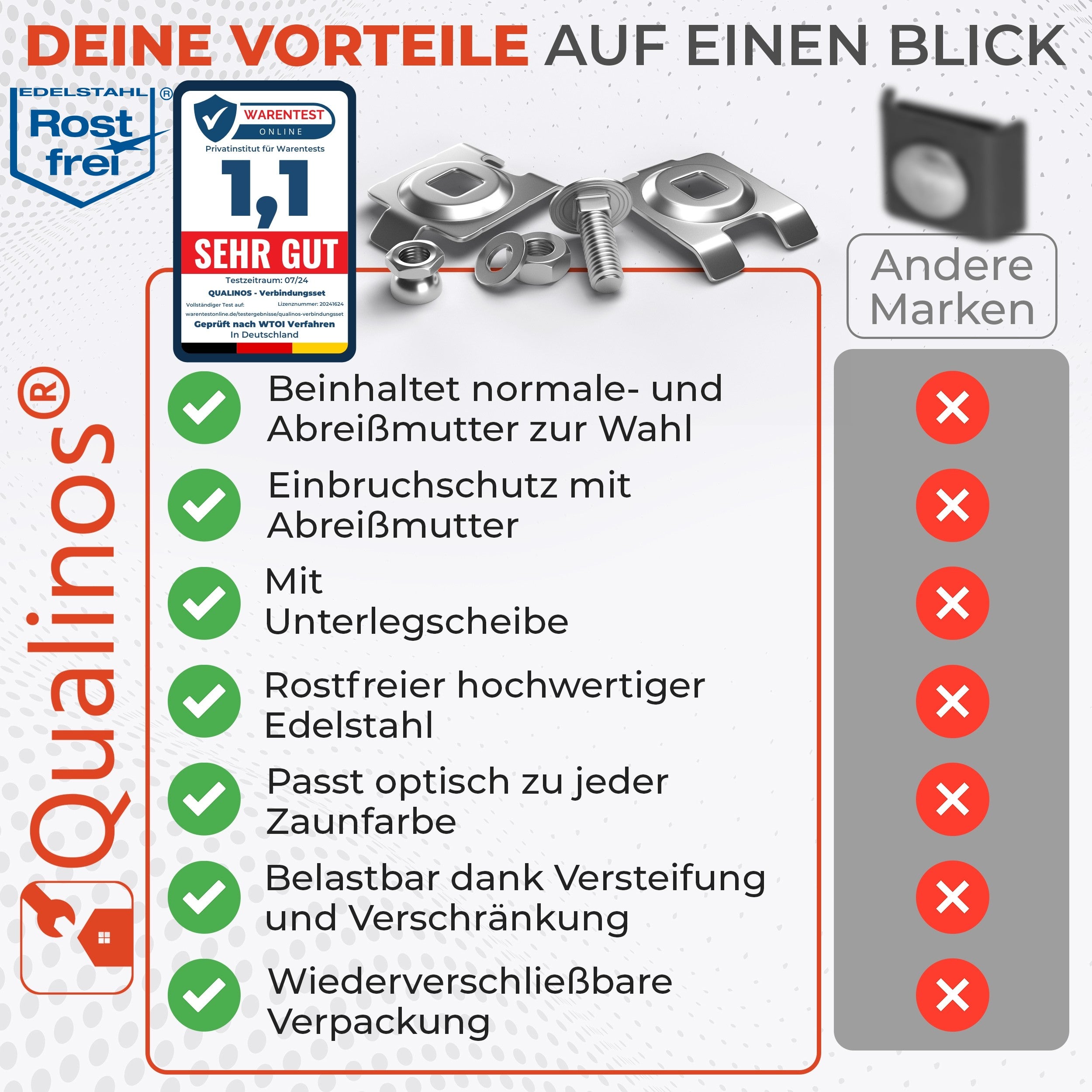 Eckverbinder – Längsverbinder für Doppelstabmattenzaun Befestigung V2A Edelstahl – auch für Komposter & Hochbeet