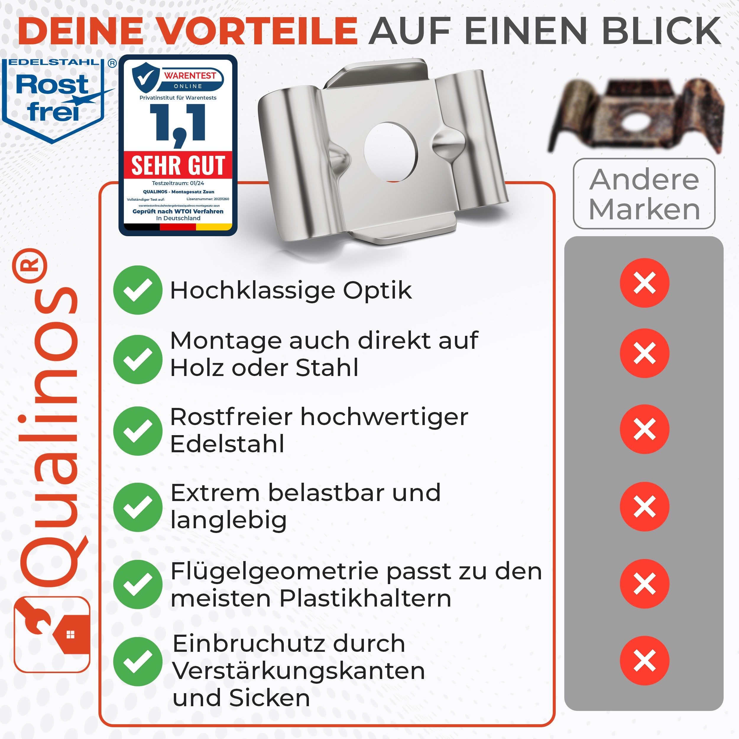 Zaunhalter Typ Butterfly V2A Edelstahl (versch. Stückzahlen) – Stabmattenzaun Zubehör zur Doppelstabmattenzaun Befestigung Made in Germany