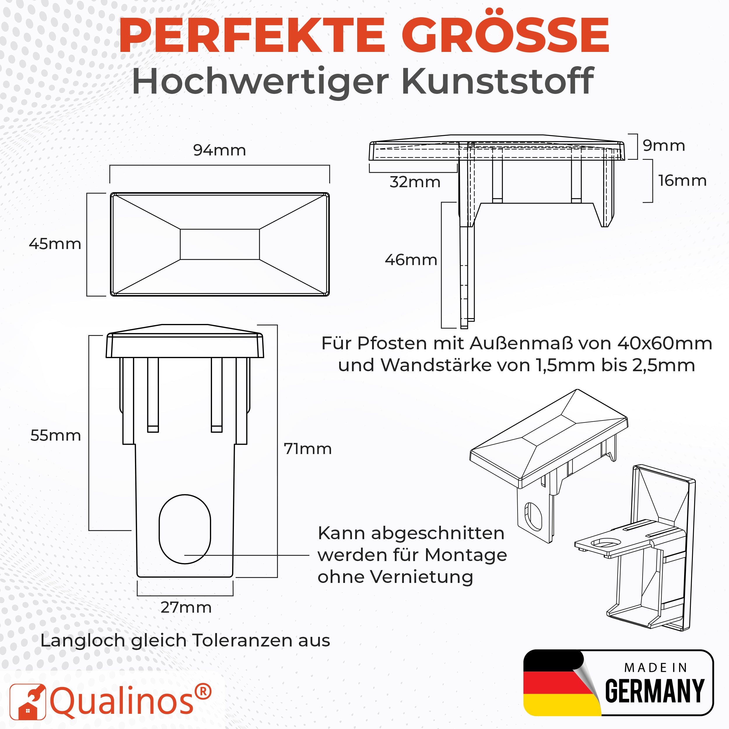 Pfostenkappen 60x40 mm mit Sicherungssteg – für Doppelstabmattenzaun