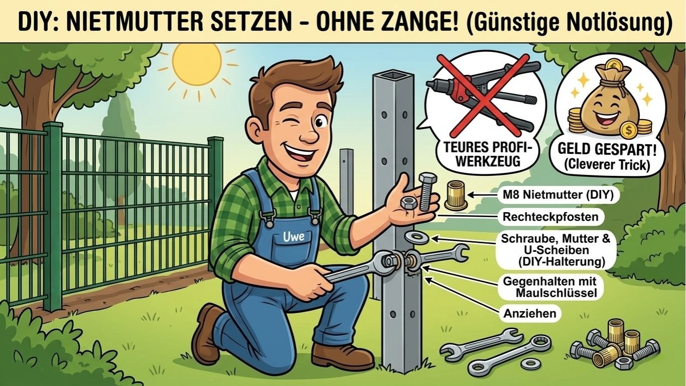 M8-Nietmutter ohne Nietmutternzange setzen – Klemmbock im Zaunpfosten befestigen - Qualinos