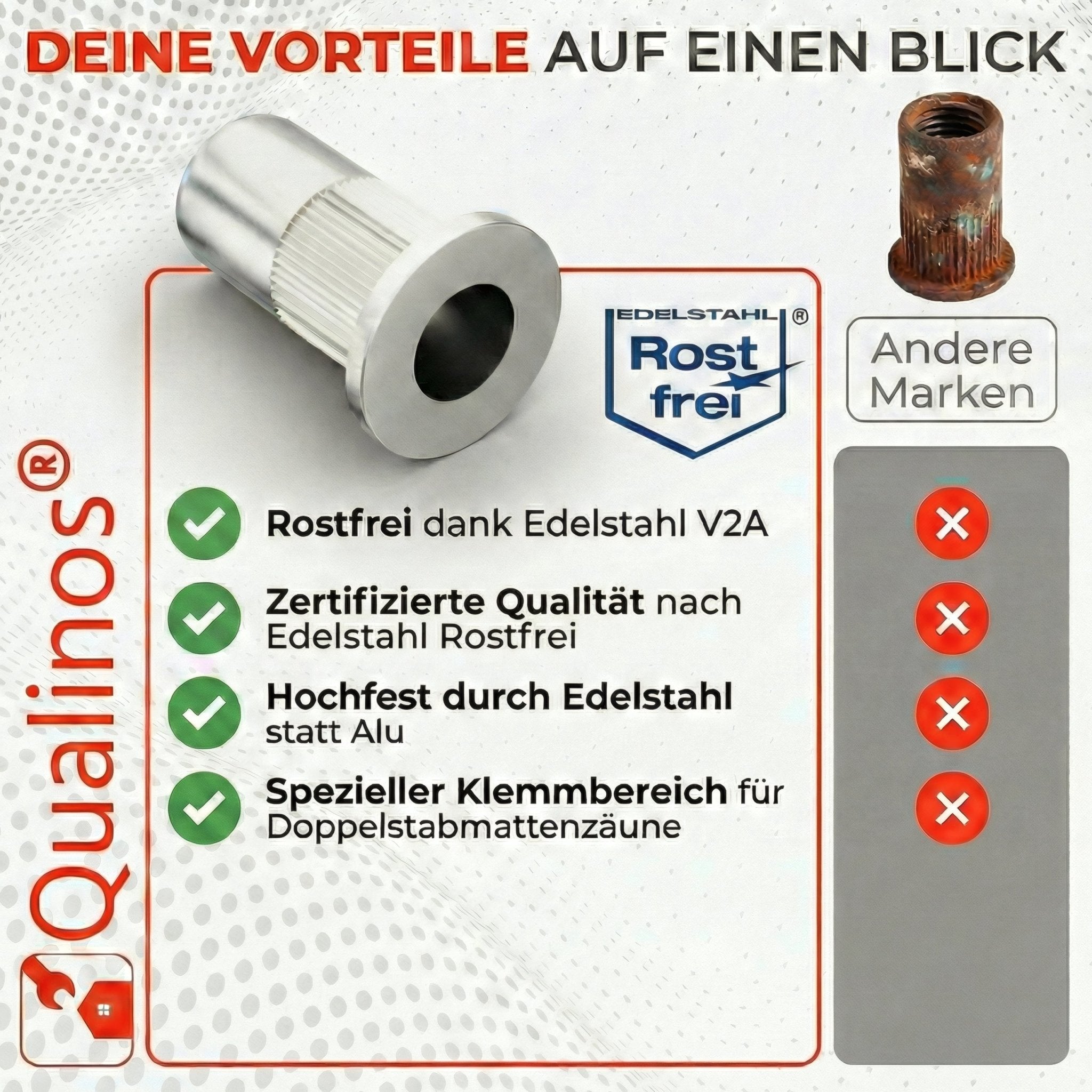 Nietmutter M8 V2A Edelstahl für Doppelstabmattenzaun Befestigung - Qualinos