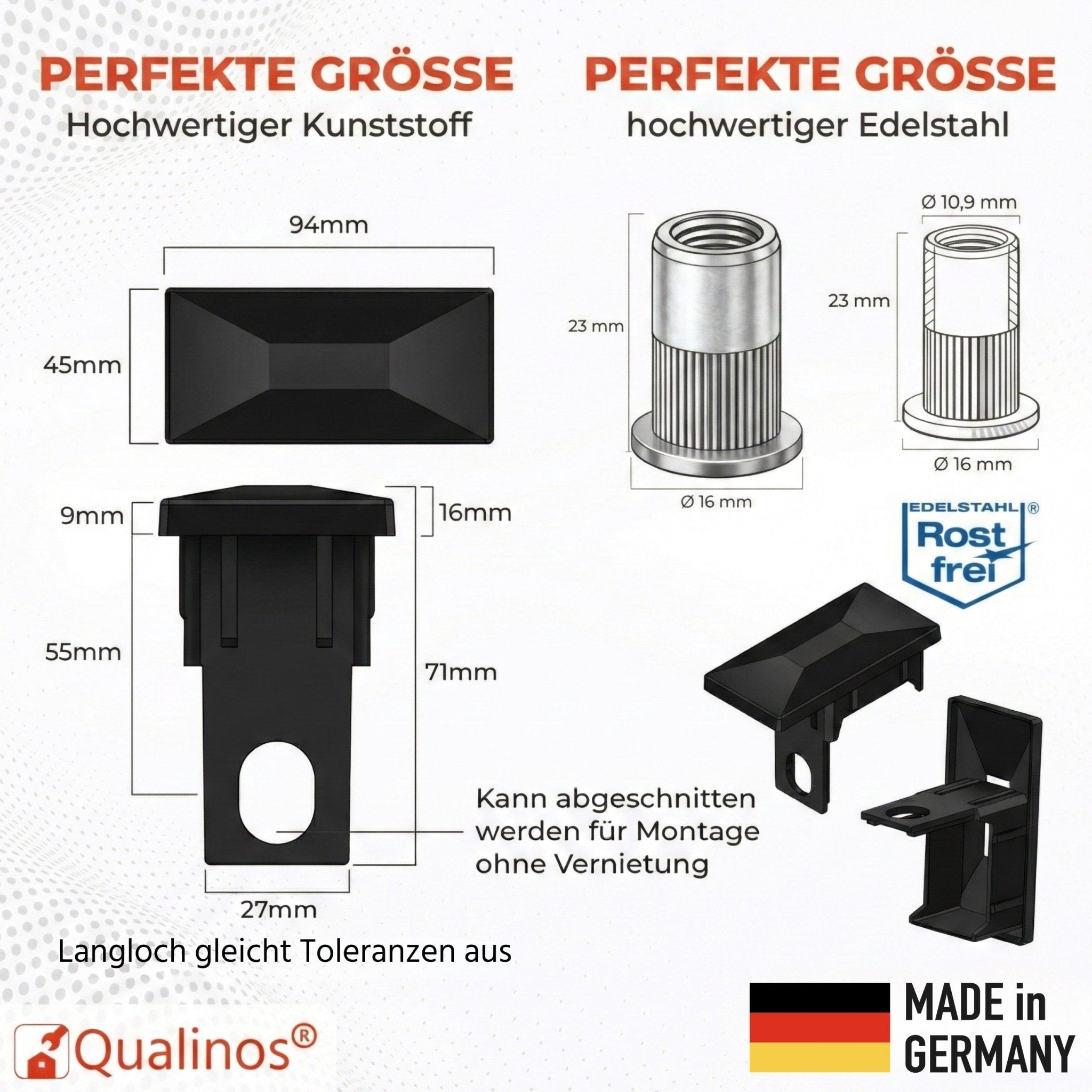 Pfostenkappen 60x40 mm mit Überstand inkl. Edelstahl - Nietmuttern - Qualinos