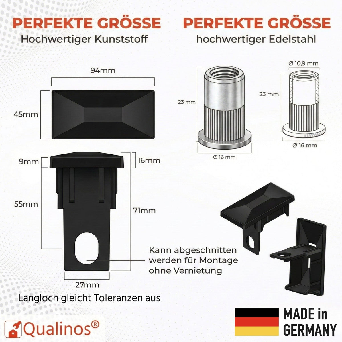 Zaunkappen Set 60x40mm Sicherungssteg und Nieten - Qualinos
