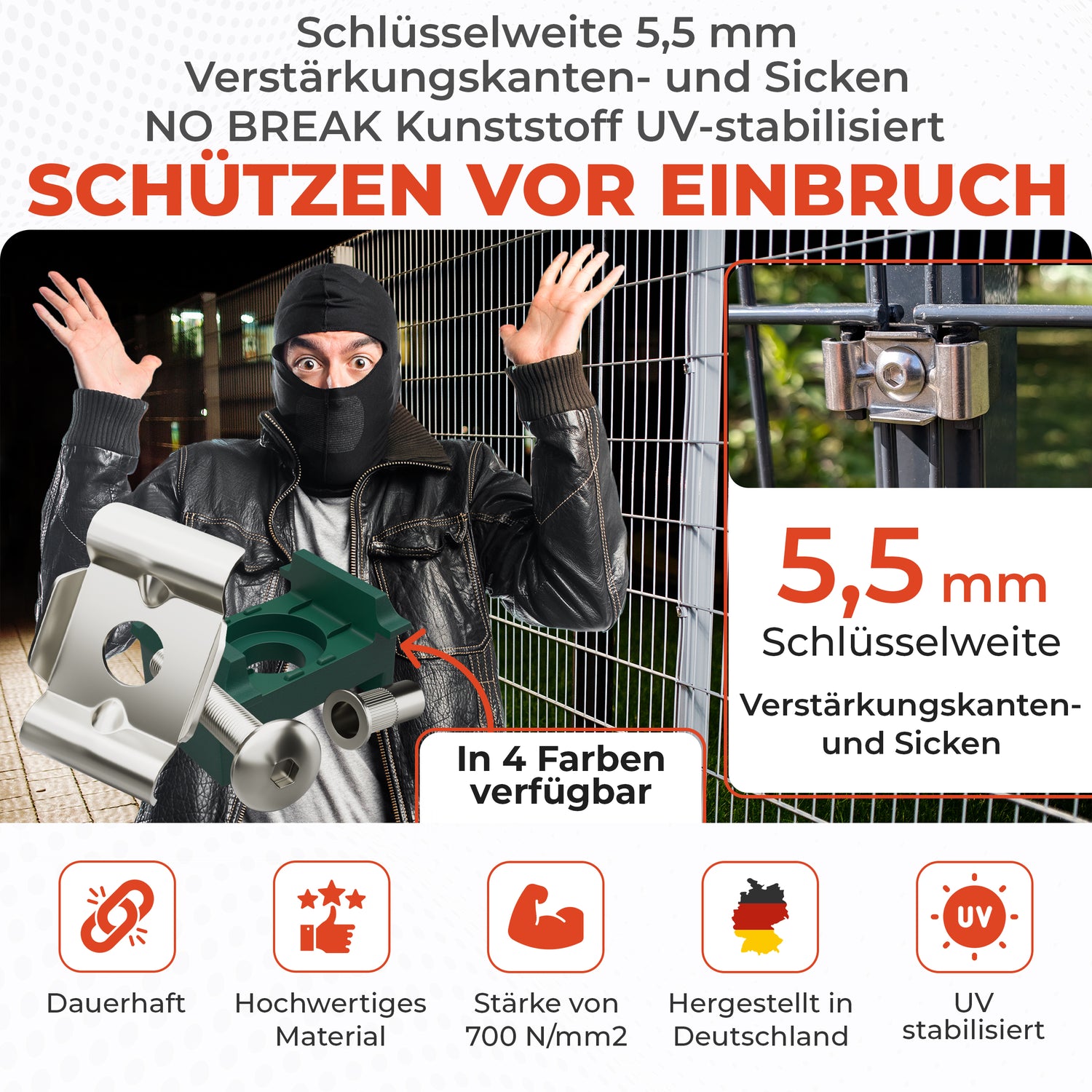 Zaunhalter für 40 mm Pfosten &amp; Butterfly Klemmplatte – V2A Komplettset Stabmattenzaun Zubehör