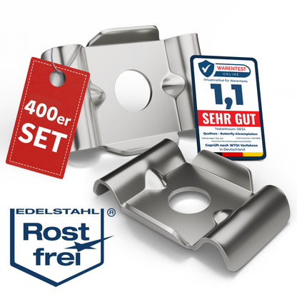 Zaunhalter Typ Butterfly V2A Edelstahl (versch. Stückzahlen) – Stabmattenzaun Zubehör zur Doppelstabmattenzaun Befestigung Made in Germany