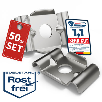 Zaunhalter Typ Butterfly V2A Edelstahl (versch. Stückzahlen) – Stabmattenzaun Zubehör zur Doppelstabmattenzaun Befestigung Made in Germany