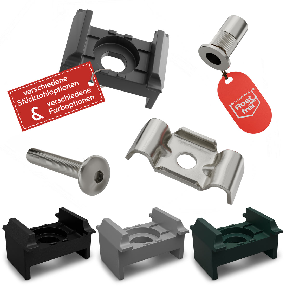 Zaunhalter für 40 mm Pfosten &amp; Butterfly Klemmplatte – V2A Komplettset Stabmattenzaun Zubehör