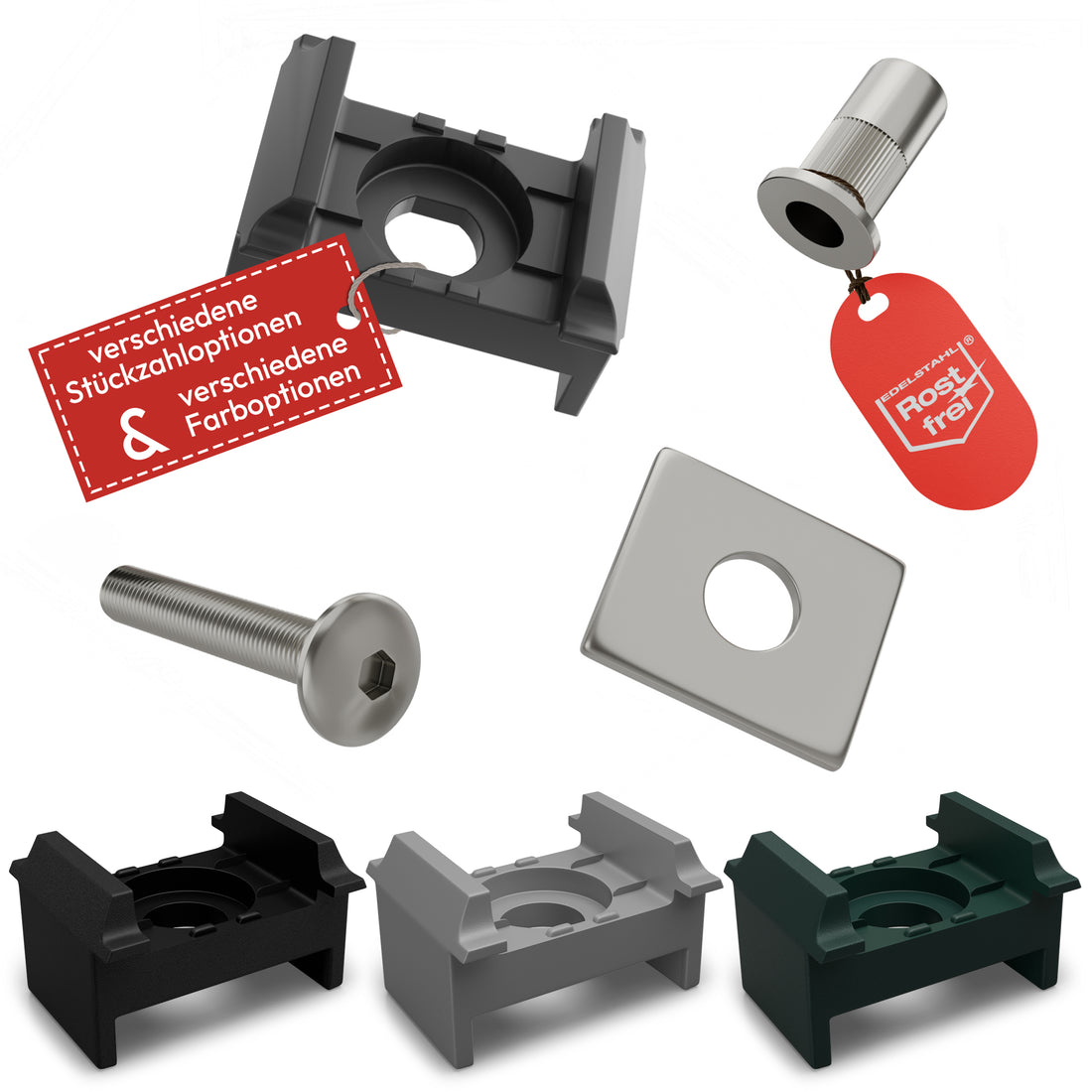 Zaunhalter für 40 mm Pfosten &amp; Flache Klemmplatte  – V2A Komplettset Stabmattenzaun Zubehör