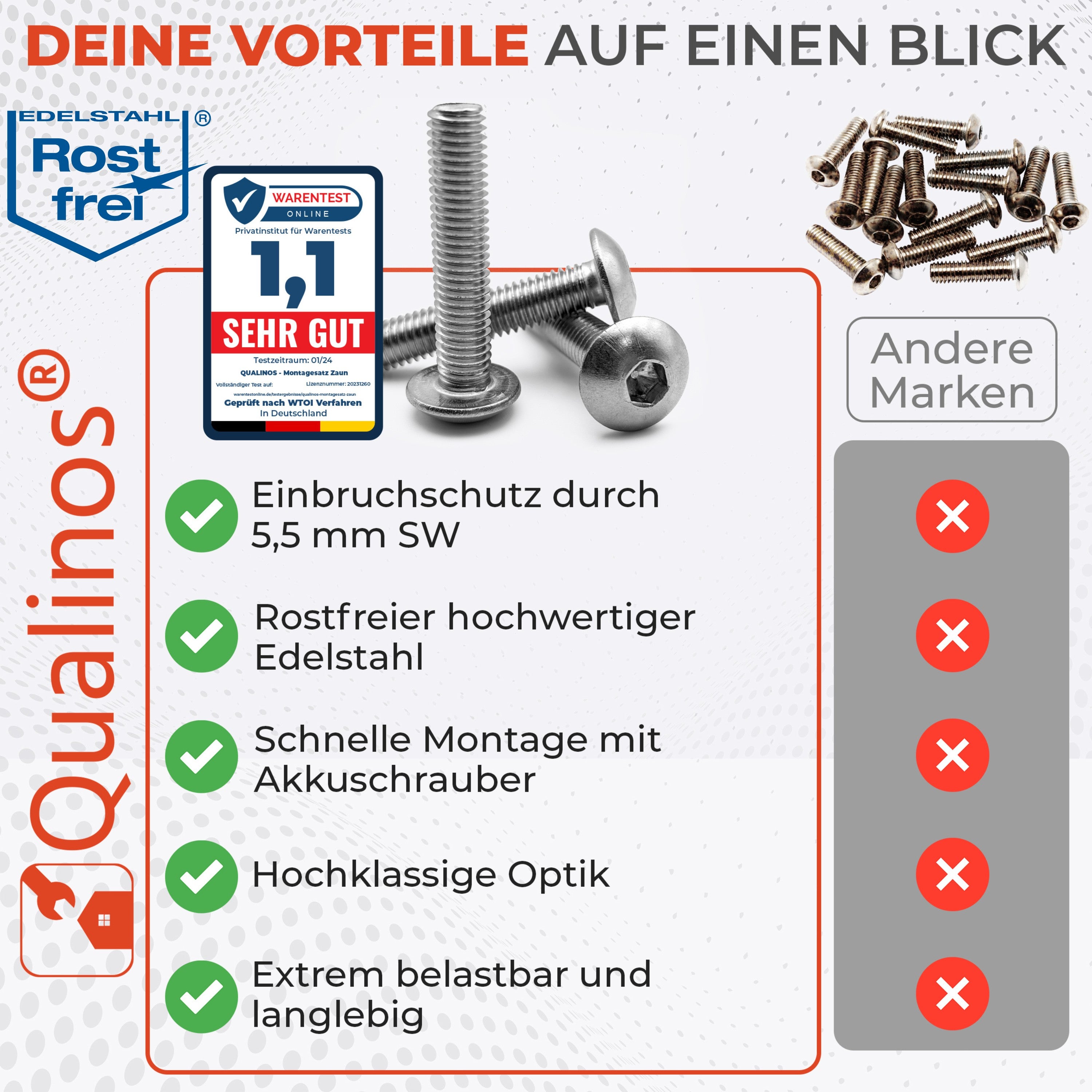 Zaunbauschrauben M8 x 40 mm V2A Edelstahl (10 Stück) – 5,5 mm 6-Kant Stabmattenzaun Zubehör zur Doppelstabmattenzaun Befestigung
