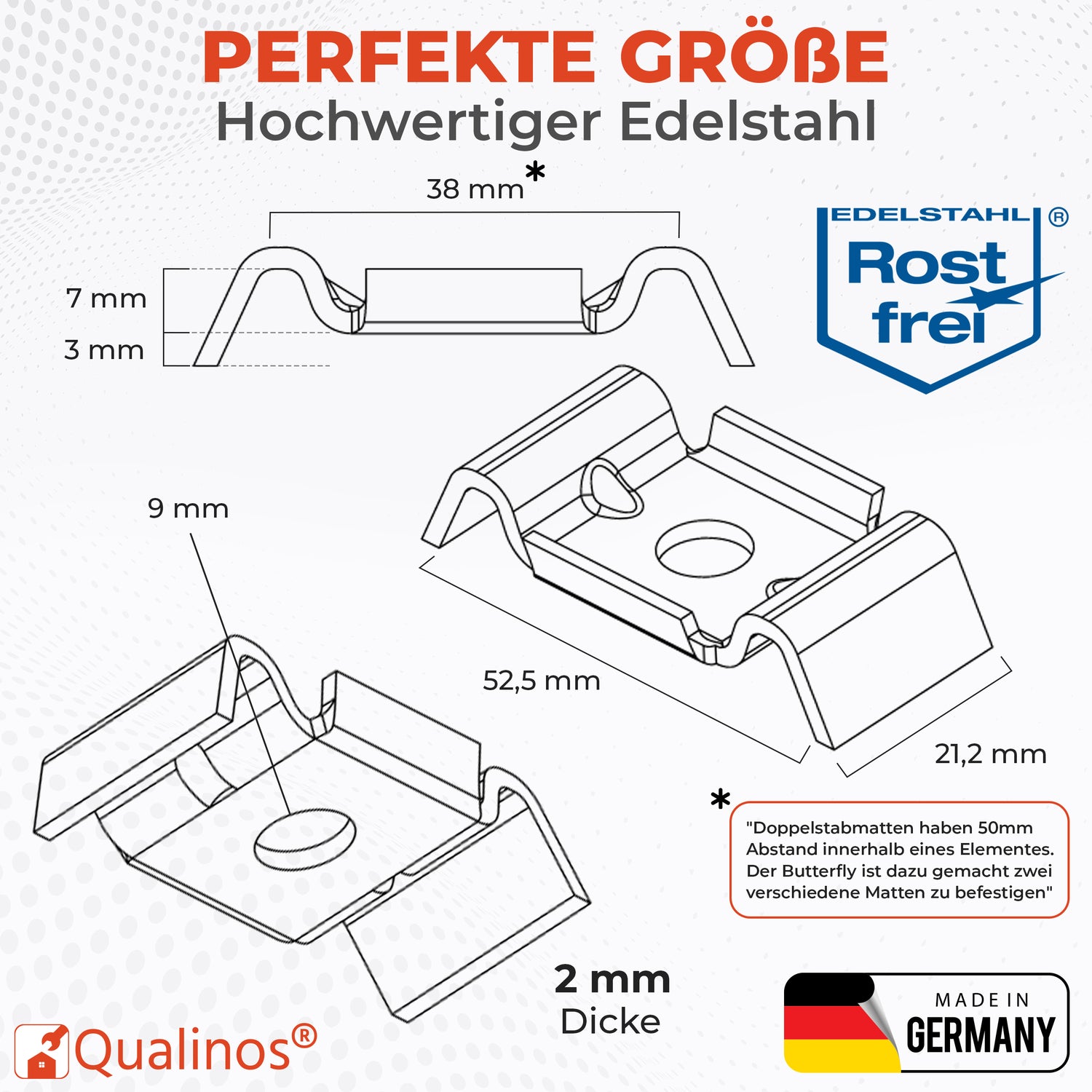 Zaunhalter Typ Butterfly V2A Edelstahl (versch. Stückzahlen) – Stabmattenzaun Zubehör zur Doppelstabmattenzaun Befestigung Made in Germany