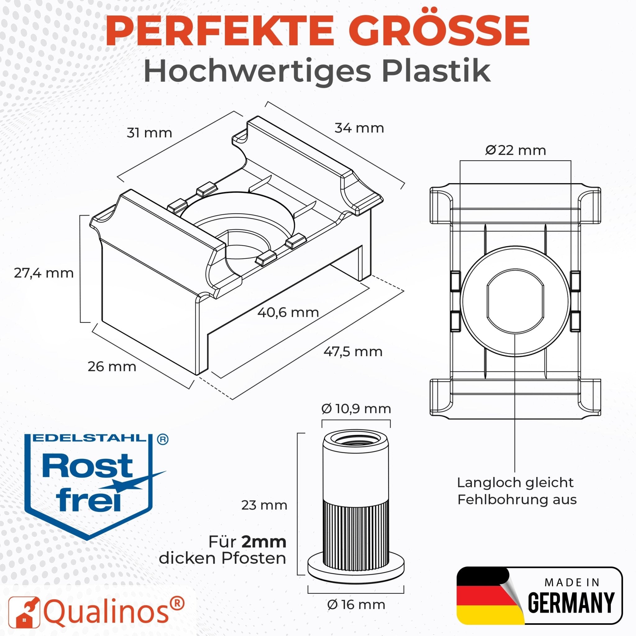 Doppelstabmattenzaun Zaunhalter 40mm Pfosten &amp; Nietmutter V2A - Qualinos