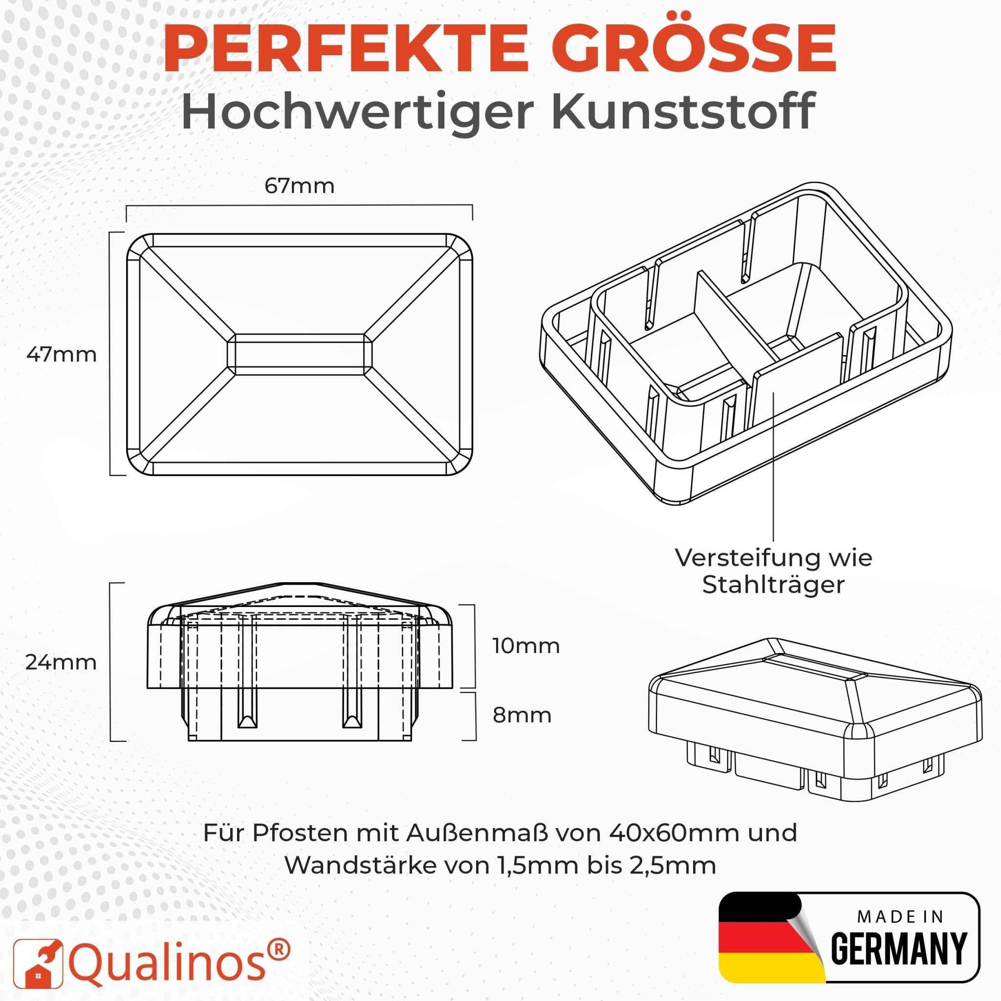 Doppelstabmattenzaun Pfostenkappen 60x40 mm mit flachem Walmdach - Qualinos