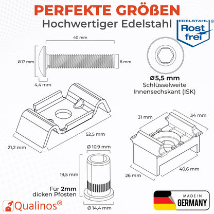 Zaunhalter für 40 mm Pfosten &amp; Butterfly Klemmplatte – V2A Komplettset Stabmattenzaun Zubehör